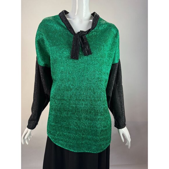 Vintage Green & Black Metallic Knit Long-Sleeve Top With Tie-Neck Detail - Picture 6 of 16